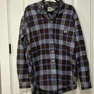CINCH Brown and Blue Plaid Button Down Western Long Sleeve Shirt